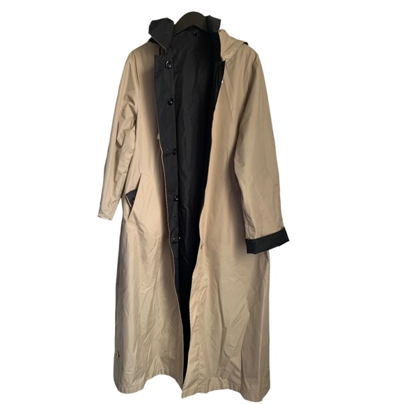 Ensign Women's Reversible Trench Coat Size Medium Vintage Black Tan Long Jacket - Picture 3 of 8